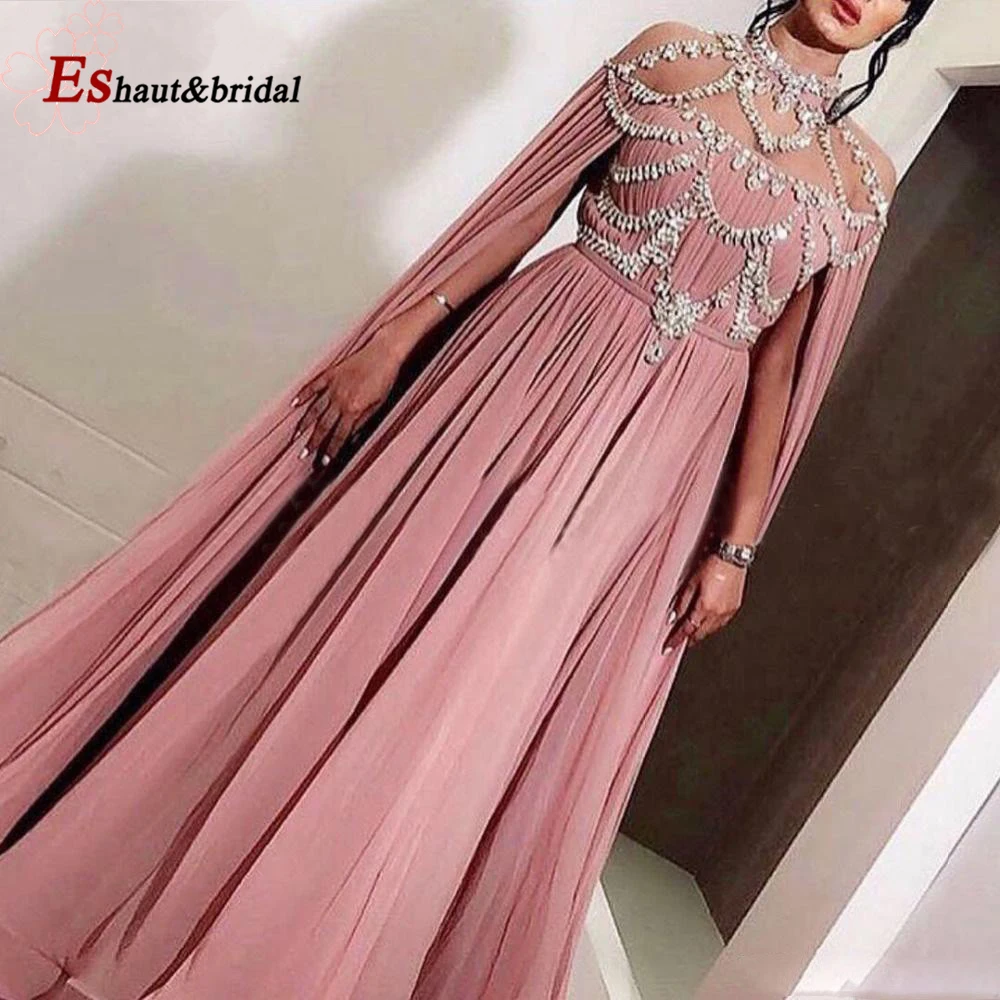 Elegant Dubai Chiffon Evening Night Dresses 2023 Aline Crystal Handmade High Neck Long Arabic Formal Wedding Prom Party Gowns