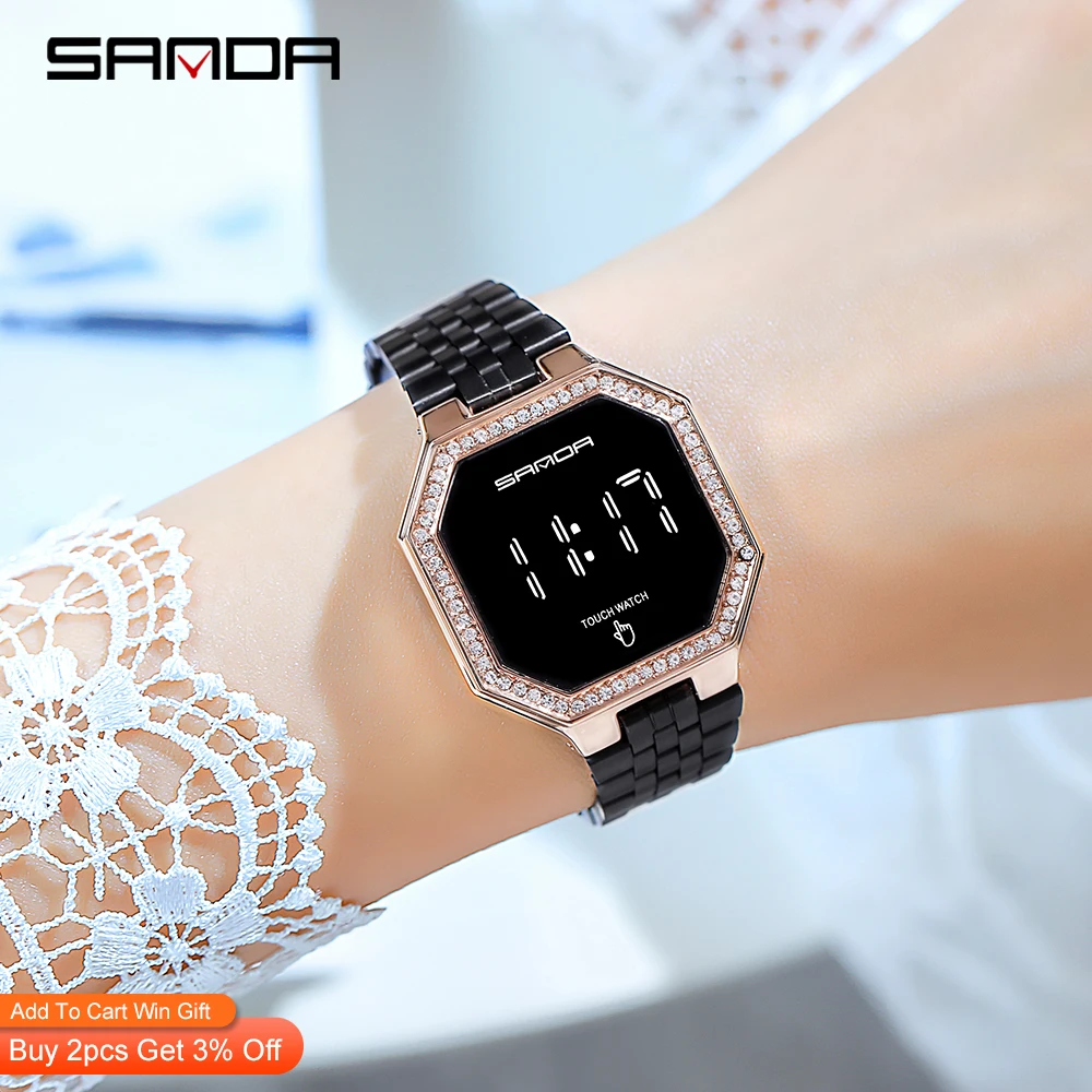 Reloj deportivo Digital para mujer, pulsera de acero inoxidable con pantalla táctil, esfera pequeña, resistente al agua