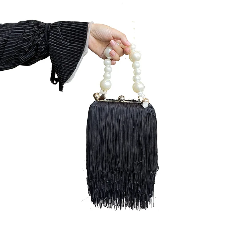 Top Metal Frame Shell Handbags Female Pearl strap Women Trend Shoulder Long Tassel Bags Ladies Daily Fringe Bags Hand Purse Bags