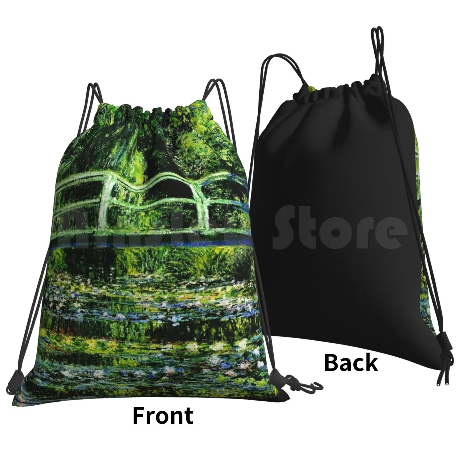 Claude The Japanese Footbridge-Les Nympheas Blancs Backpack Drawstring Bag Riding Climbing Gym Bag Les Nympheas Blancs By