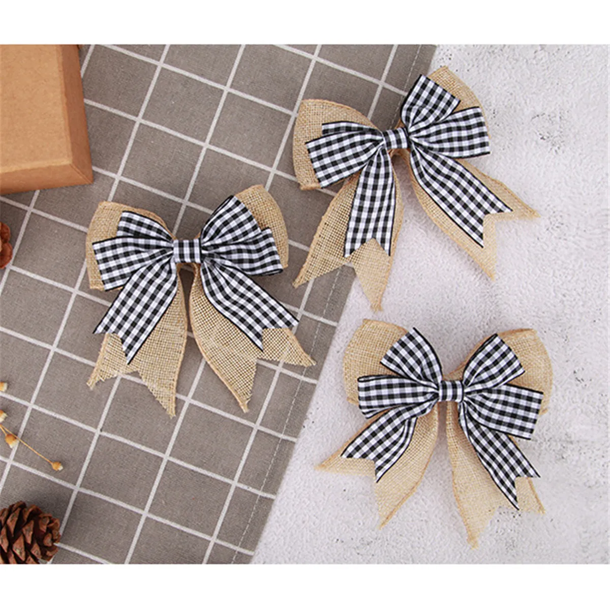 

15/30 Pcs Christmas Buffalo Plaid Burlap Bows White Black Checkered Christmas Wreath Bow Double Layer Bow for Xmas, 4.7''x 4.7''