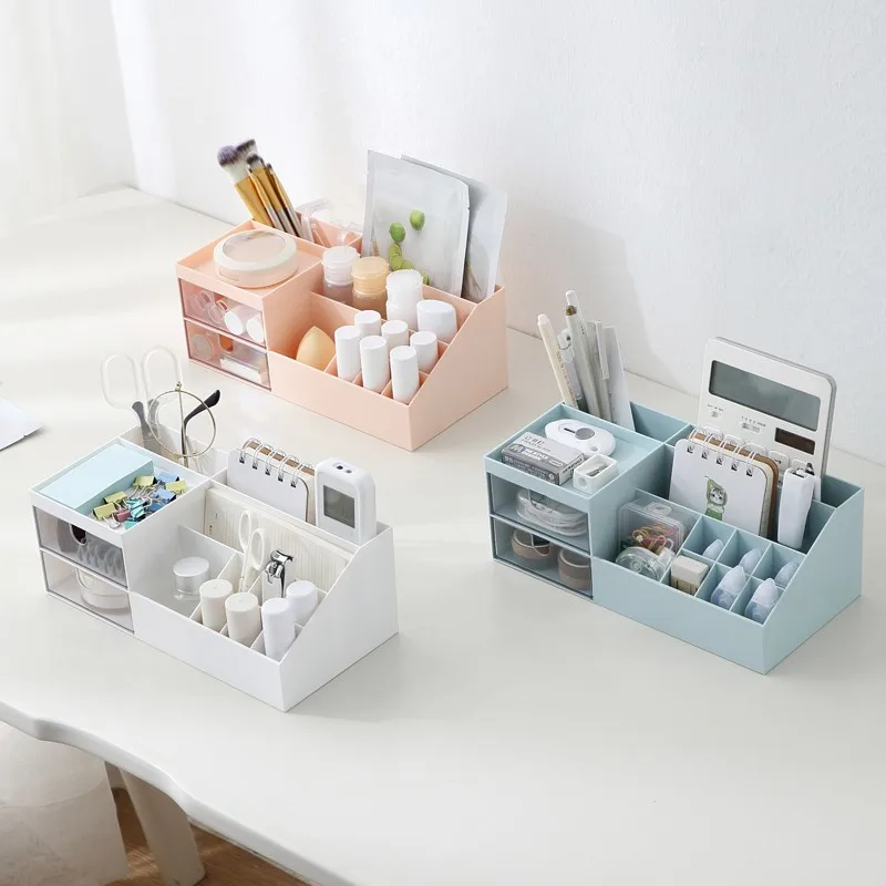 ABS Desktop Organizer Pen Holder Brush Pot Cosmetic Storage Box Drawer Multi Function Pencil Container for Office Home Study