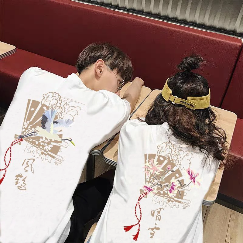 Oversized 2xl Cotton 100% Crane Floral Print China Style Couples Summer Men T Shirt Short Sleeve Casual 2022 Japanese Streetwear