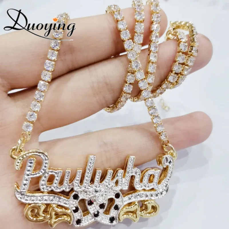 Imagem -03 - Duoying-colar com Placa de Identificação 3d Gargantilha Feminina Banhada a Ouro Duplo Colar Personalizado com Nome Presente