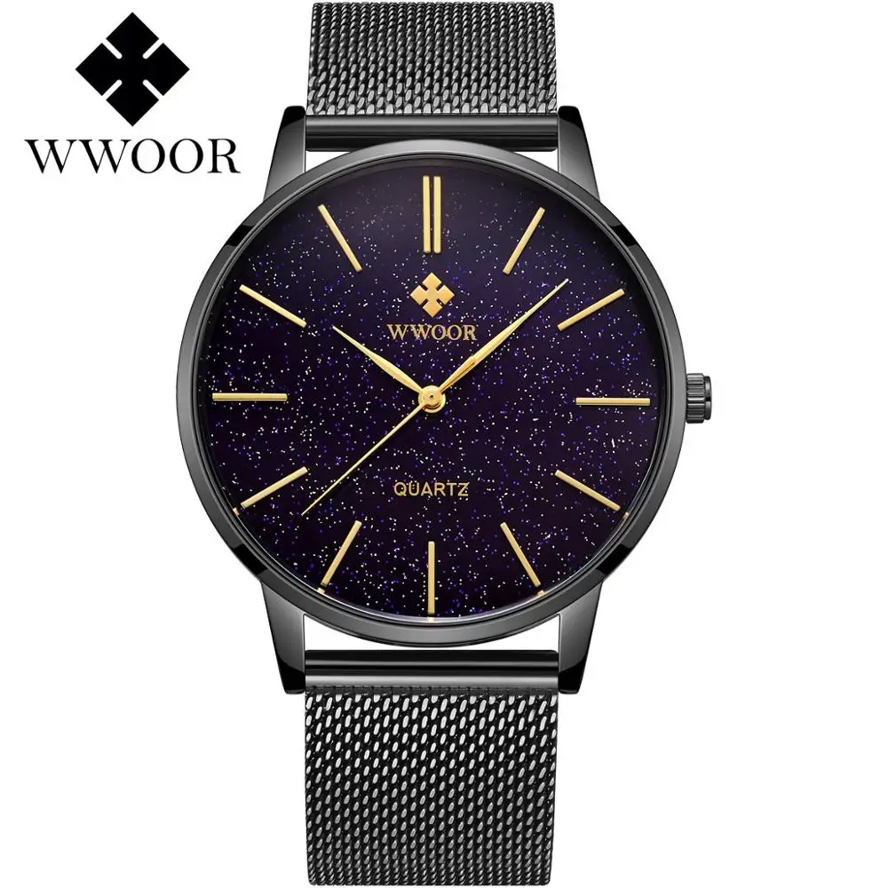 

WWOOR Men Analog Quartz Watch Ultra-thin Mesh band Fashion Casual Blue Face Wrist Watches relogio masculino