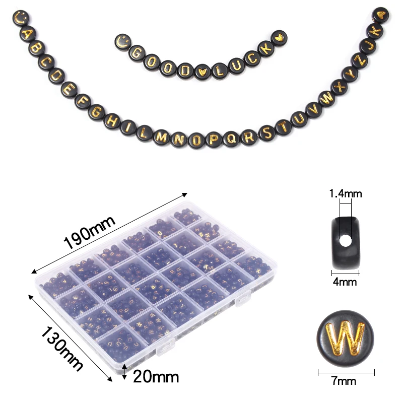 1 Big Box 7mm Black Gold Color Letter Acrylic Beads 24 Cells With A Bundle 0.8mm Elastic Rope For Jewelry Making DIY Bracelet