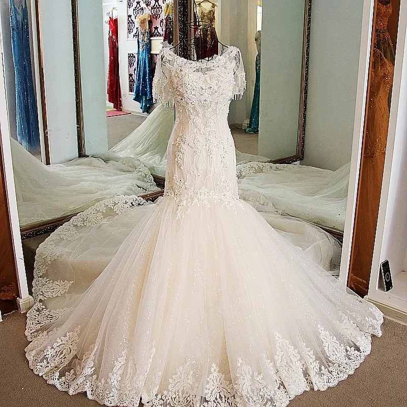 Nàng Tiên Cá Dài Váy Cưới 2021 Tay Ngắn Appliques Shinny Voan Vestidos De Novias Phối Ren Cô Dâu Đồ Bầu Càn Quét Tàu Áo