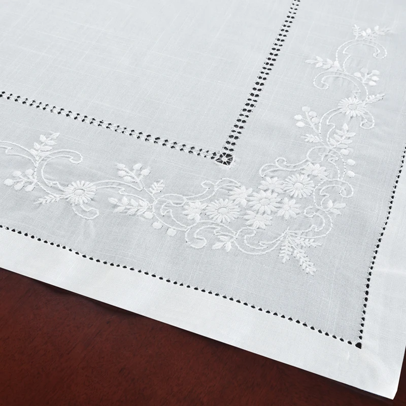 [874Camellia Casa]Elegant,Chamomile Hemstitch Tablecloth,Special Treated Polyester,LinenLook Washable,Whiht, Square/Oblong/Round