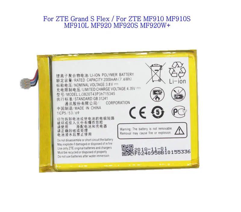 1x2000 мАч Li3820T43P3h715345 Аккумулятор для ZTE Grand S Flex/для ZTE MF910 MF910S MF910L MF920 MF920S MF920W + батареи 1x2000 мАч Li3820T43P3h715345 Аккумулятор для ZTE Grand S Flex/для ZTE MF910 MF910S MF910L MF920 MF920S MF920W + батареи