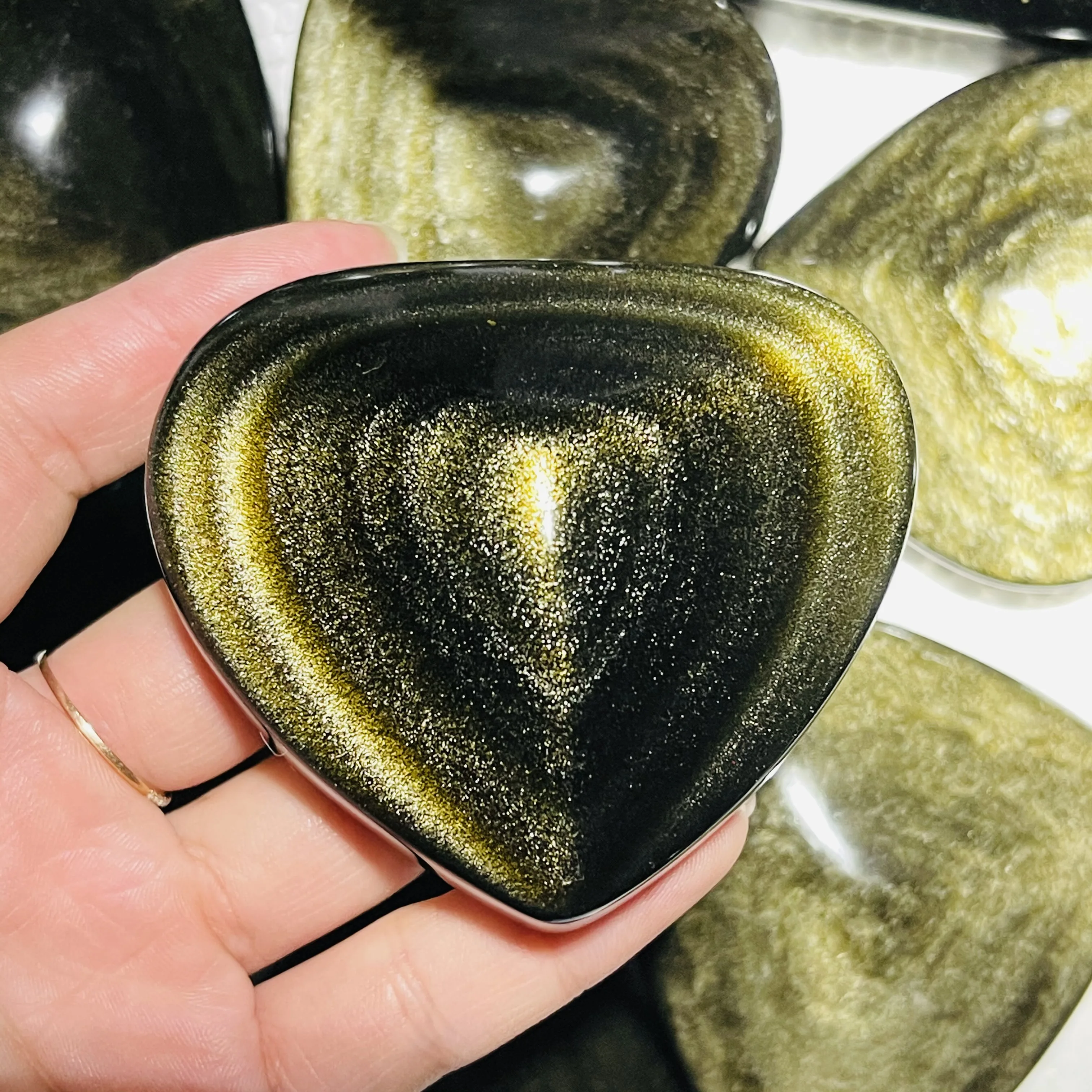 Natural Gold Obsidian Cat Eyes Quartz Crystal Heart Healing Decor Gift