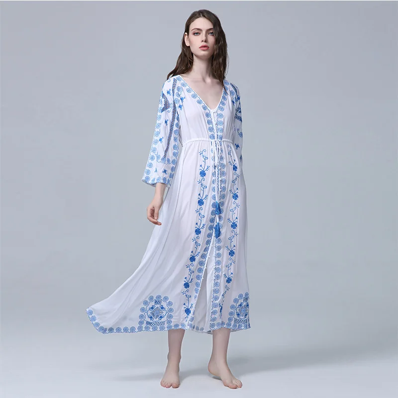 

JSXDHK 2021 New Spring Summer Holiday Maxi Dress Runway Women Flower Embroidery Blue And White Porcelain Cotton Beach Long Dress