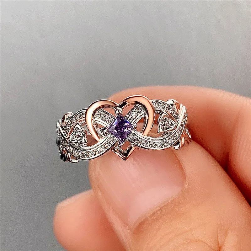 Huitan Creative Women\'s Heart Rings with Romantic Rose Flower Design Wedding Engagement Love Rings Hot Sale Aesthetic Jewelry