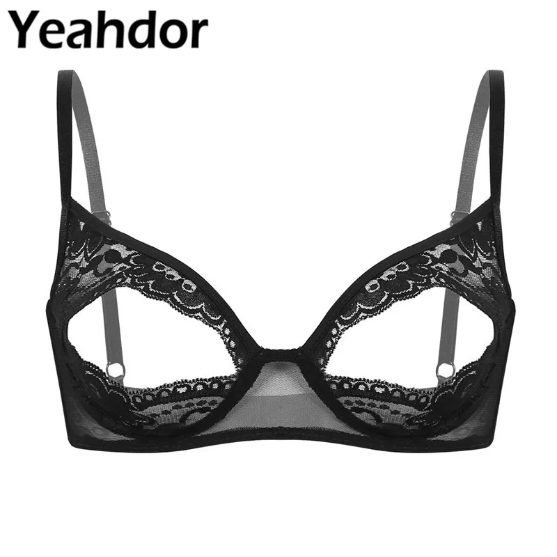 Women Soft Sheer Lace Floral Nipple Split Bra Sexy Lingerie Adjustable Spaghetti Straps Bralette Wire-free Unlined Cup Bras Top