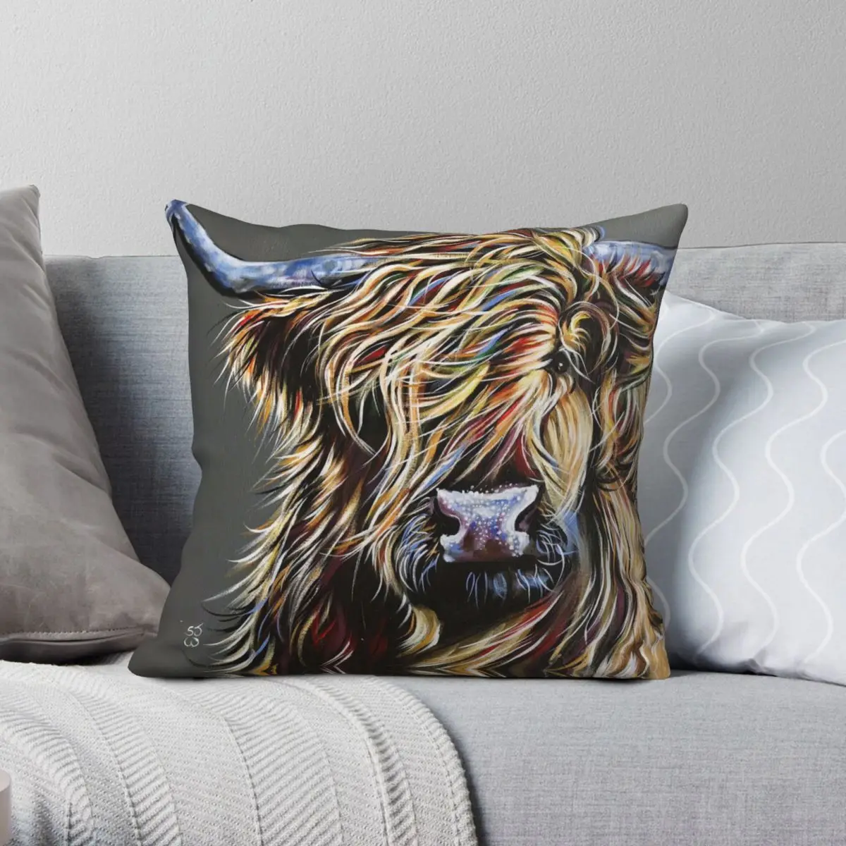 Beau The Colourful Highland Cow Square Pillowcase Polyester Linen Velvet Zip Decor Car Cushion Cover 45x45