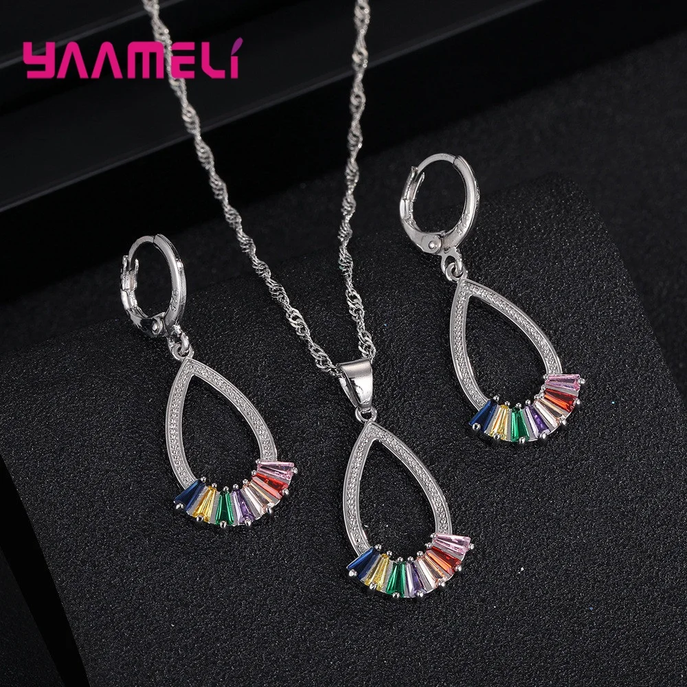 Elegant 925 Sterling Silver Women Jewelry Sets Multicolored AAA Zircon Classic Water Drop Pendant Necklace Hoop Earrings Gift