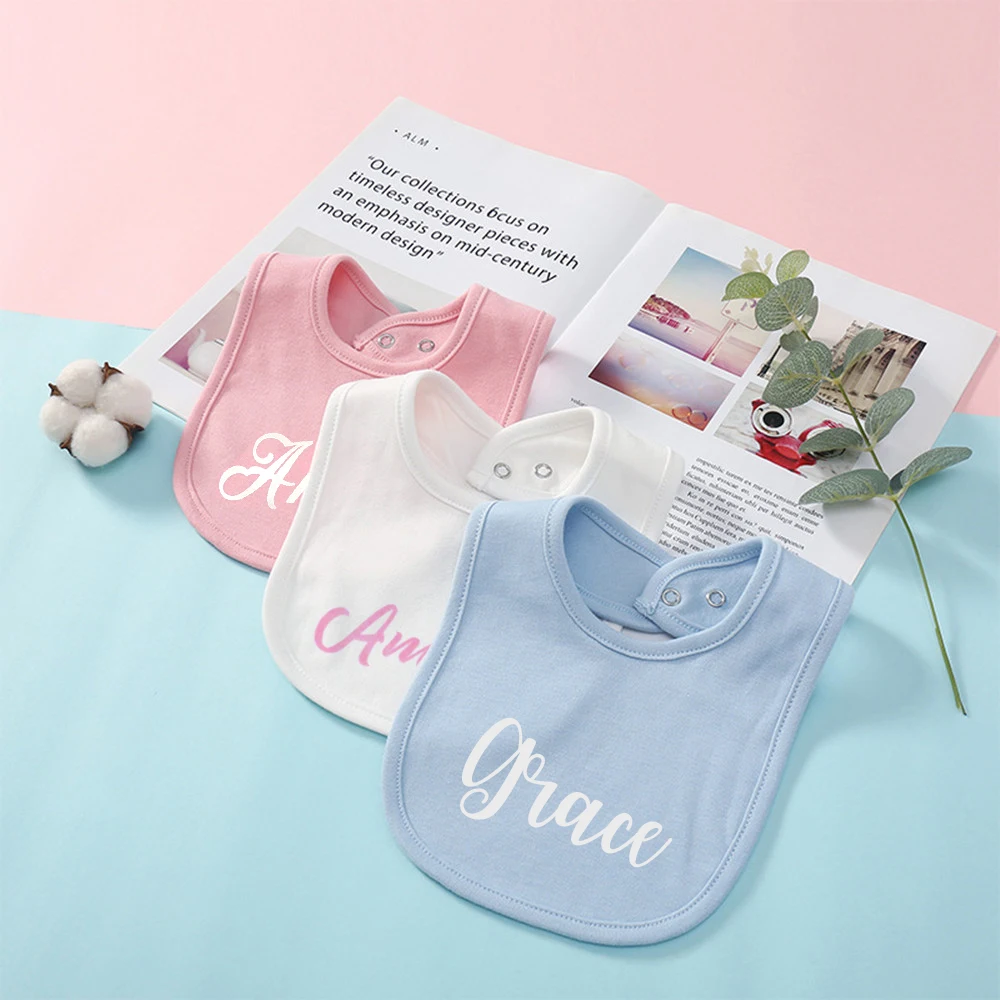 Solid color Personalized Cotton Baby Bibs High quality Infant Burp Cloths Feeding accessory Custom Name Boys Girl Cotton Bibs