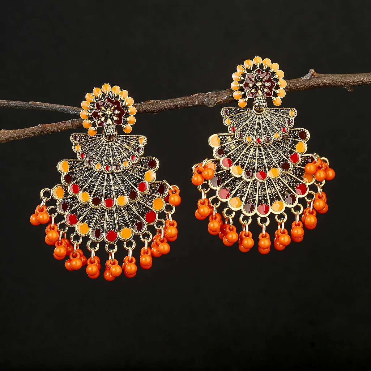 Women 's Rose Red Peacock Dripping Oil Bollywood Earrings Boho Ethnic Big Sector Beads Tassel Gold Color Alloy Dangle Earrings