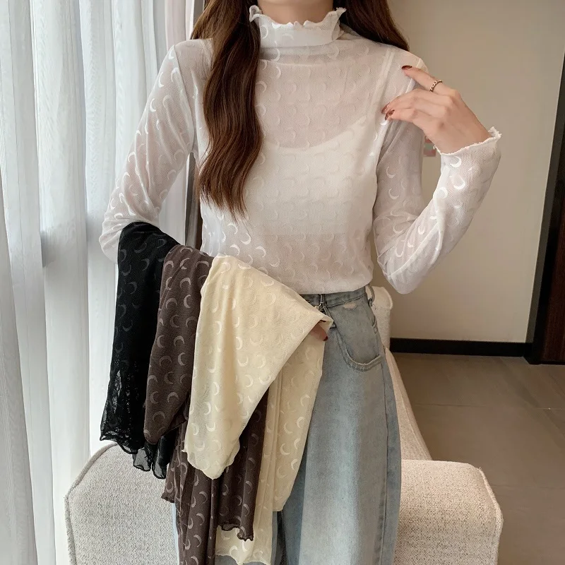 Mesh Turtleneck T Shirts Women Sexy Slim Semi-transparent White Tshirt Girl Long Sleeve Stretchy Top Female Base Tees