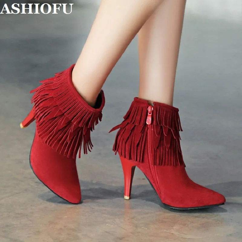 

ASHIOFU New Womens High Heels Shoes Tassel&Fringed Black&Red Party Dress Ankle Booties Large Size Fashion Evening Short Boots