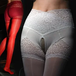 Metelam-Bas avec culotte en dentelle pour femmes, entrejambe ouvert, sous-vêtements sans entrejambe, collants brillants, collants transparents, grande taille