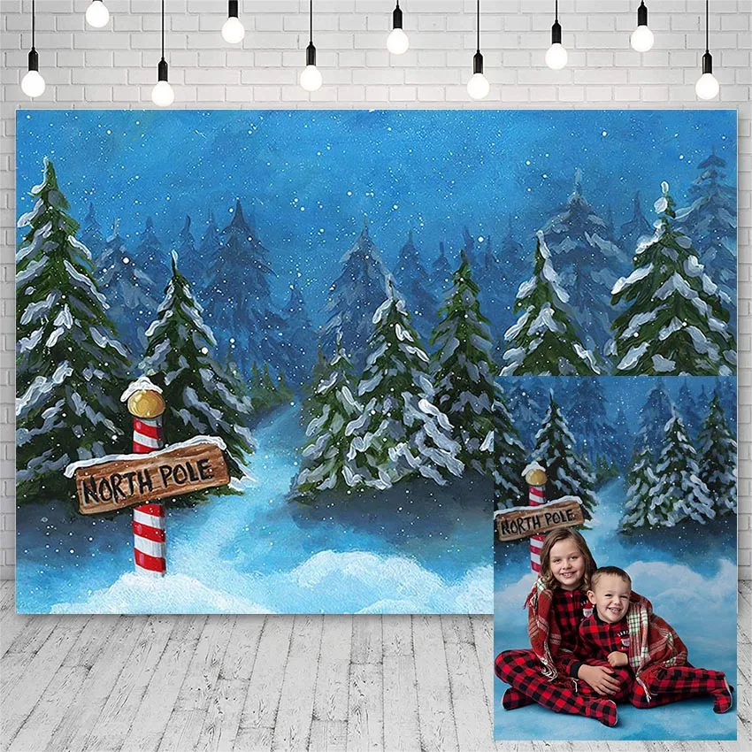 Avezano Photography Backdrops Merry Christmas Winter North Pole Snowflake Pine Decor Blue Banners Backgrounds For Photo Studio