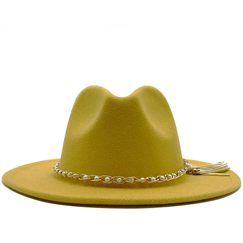 Women Men Wide Brim Wool Felt tassel Jazz Fedora Hats Panama Style Cowboy Trilby Party formal Dress Hat Large Size Yellow white