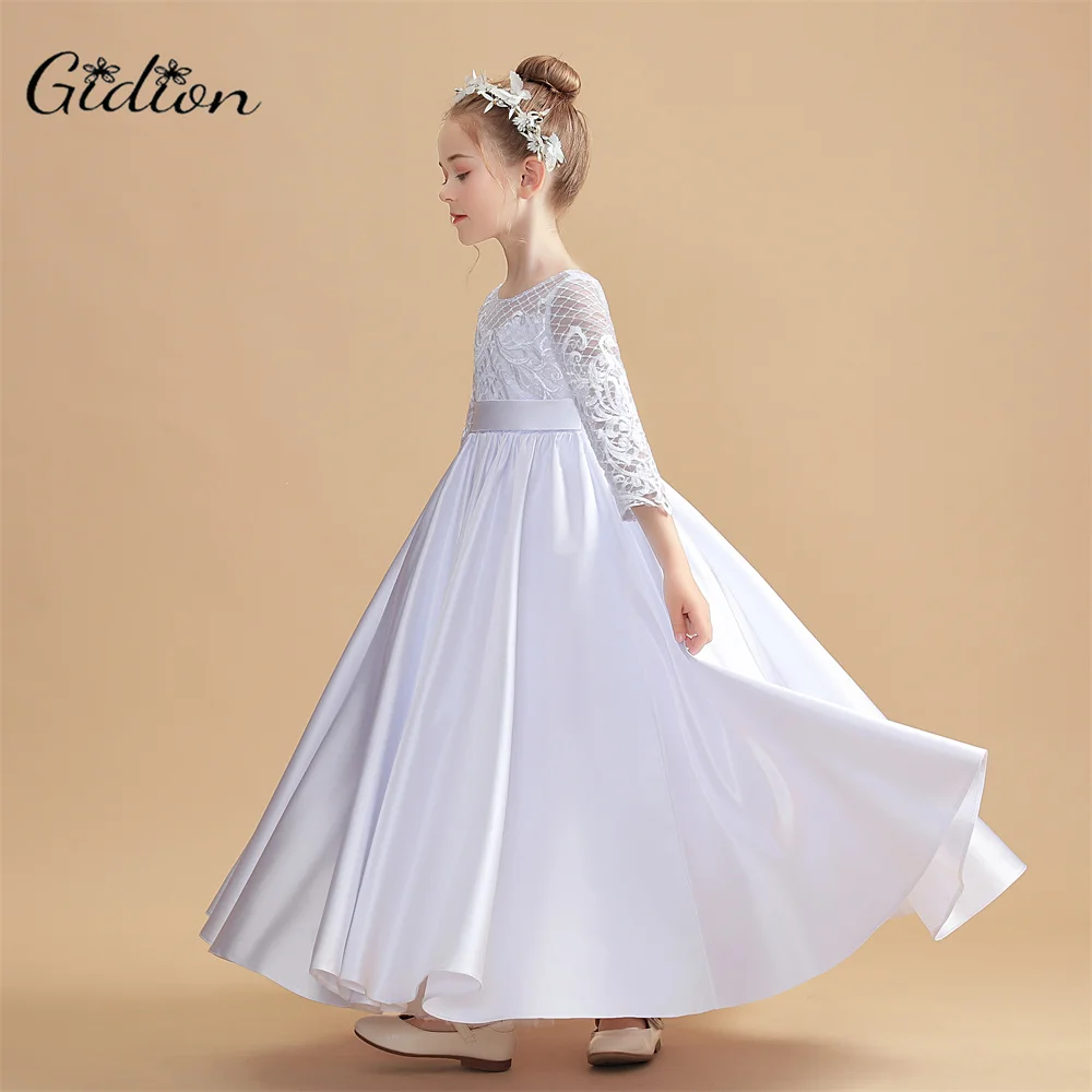 Applique Satin Princess Flower Girl Dress Wedding First Communion Pageant Birthday Evening Party Celebration Ball-Gown Prom Kids