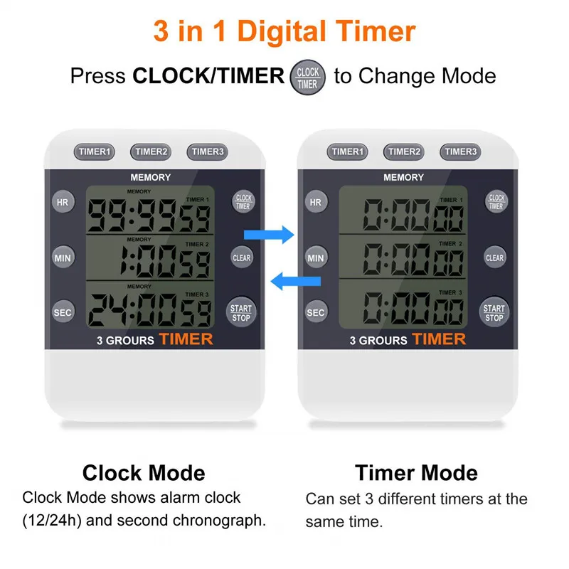 Digital Timer 99 Hour TripleCount Down/Up Clock Timer Kitchen Cooking Timer with Large LCD Display Loud Alarm Magnet Bracket