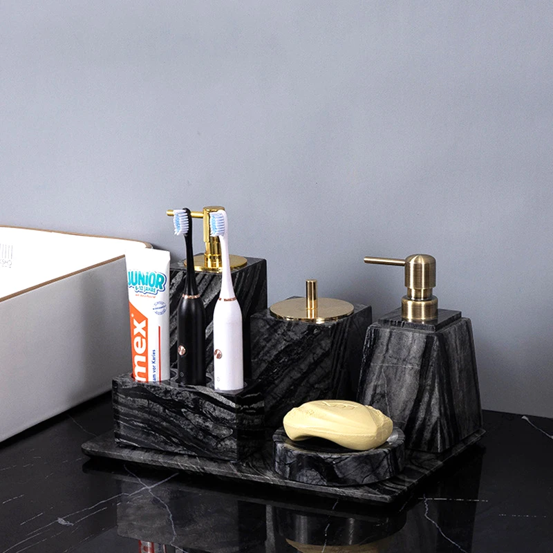 Ancient Wood Grain Natural Marble Bathroom Set Retro Antique Luxury Soap Dispenser Toothbrush Holder Tray Bathroom Accessories