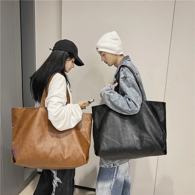 Black Color Oversized Tote Bags for Women 2021 Lightweight Big Capacity Soft Leather Shoulder Bag Unisex Simple Fashion Shopper