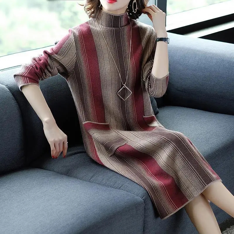 Frauen Striped Dünne Lose Pullover Für Winter 2020 Neue Rollkragen Stricken Bottom Kleid Übergroßen Hohe Qualität