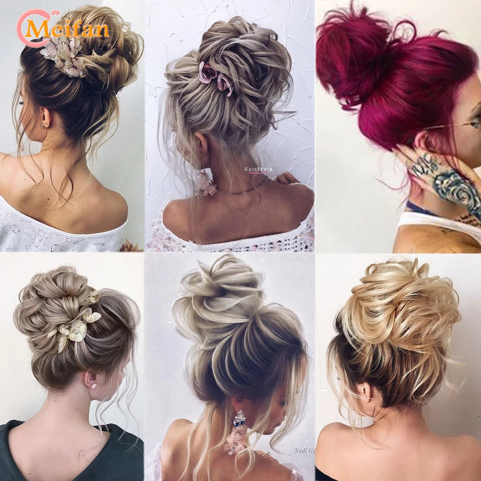 MEIFAN-moño de pelo sintético rizado para mujer, bandas elásticas resistentes al calor para el cabello, moño para el cabello para novias/fiesta,