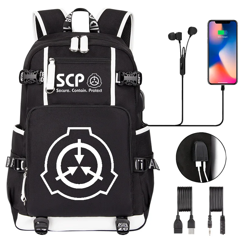 SCP Foundation Children Backpack Black Bookbag Cartoon School Bags for Teenage Boy SCP Travel Bagpack USB Laptop Shoulder Bags