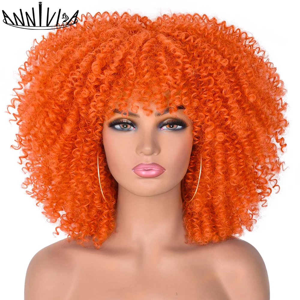 Short Hair Afro Kinky Curly Wigs With Bangs For Black Women Synthetic Blond Green Red Cosplay Wigs High Temperature 14“