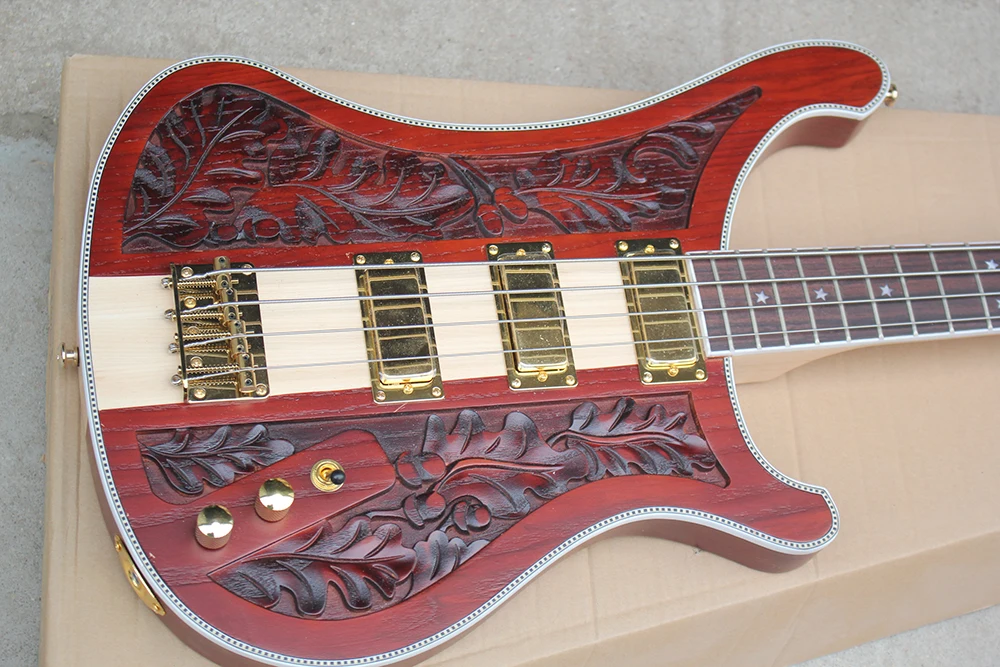 4 Strings Matte Red-brown Neck-thru-body Electric Bass with 3 Pickups,Rosewood Fretboard,Numerical Control Engraving Pattern