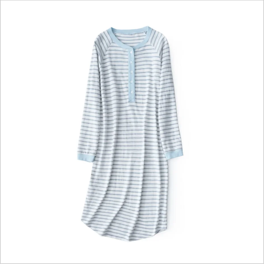 2024 Spring Female Casual Striped Nightgown Ladies Soft 100% Cotton sleepshirt Women Long Sleeve Round collar sleepwear dress