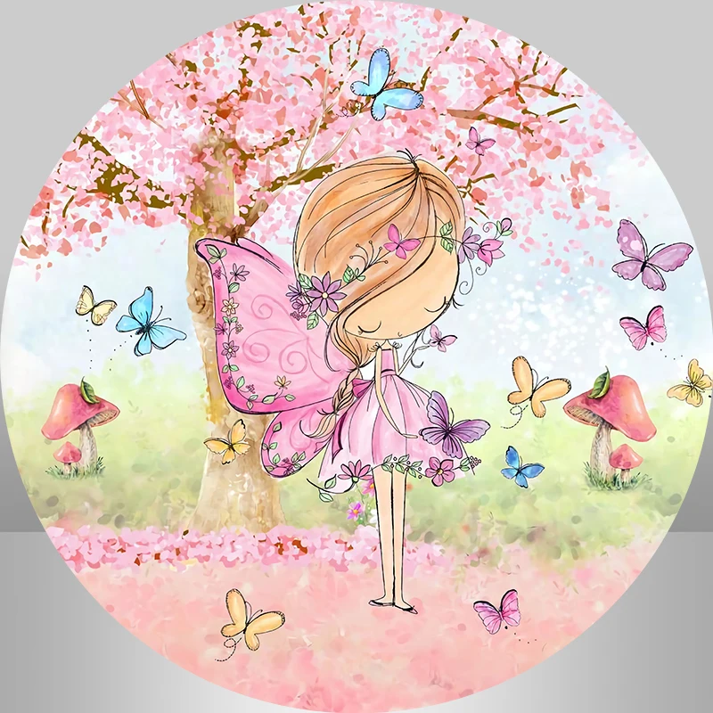 Girl Birthday Photography Round Backdrops Banners Watercolor Colorful Butterfly Fairy Circle Backgrounds Table Plinth Covers