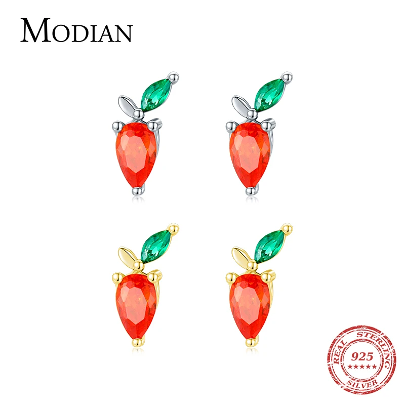 Modian Genuine 925 Sterling Silver Zirconia Carrot Cute Tiny Stud Earrings for Women & Girls Fine Jewelry Gift Prevent Allergy