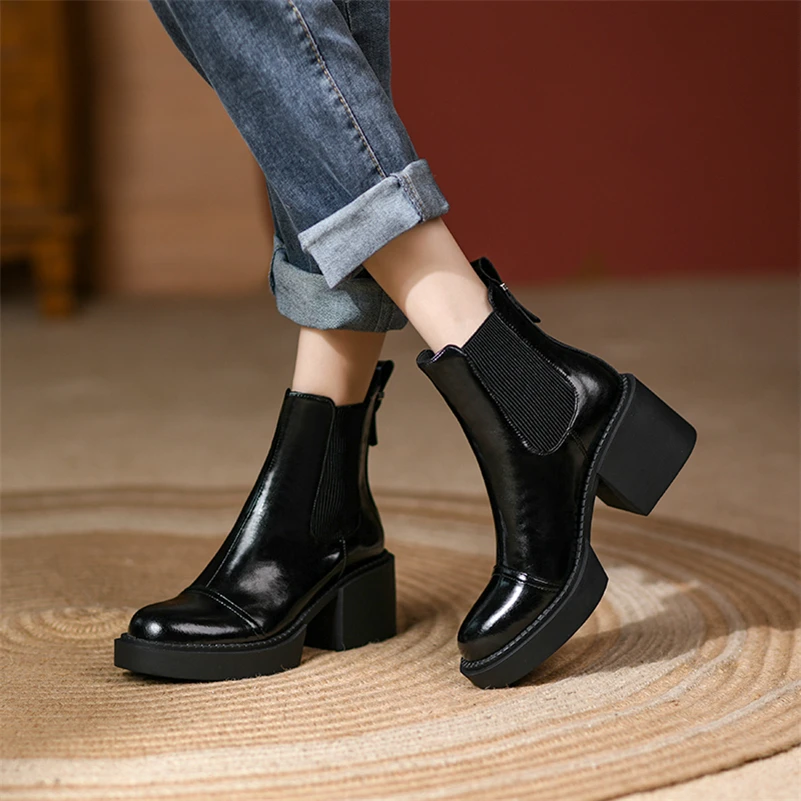 Meotina Women Shoes Genuine Leather Ankle Boots Platform Thick High Heel Boots Round Toe Ladies Footwear 2021 Autumn Winter 40