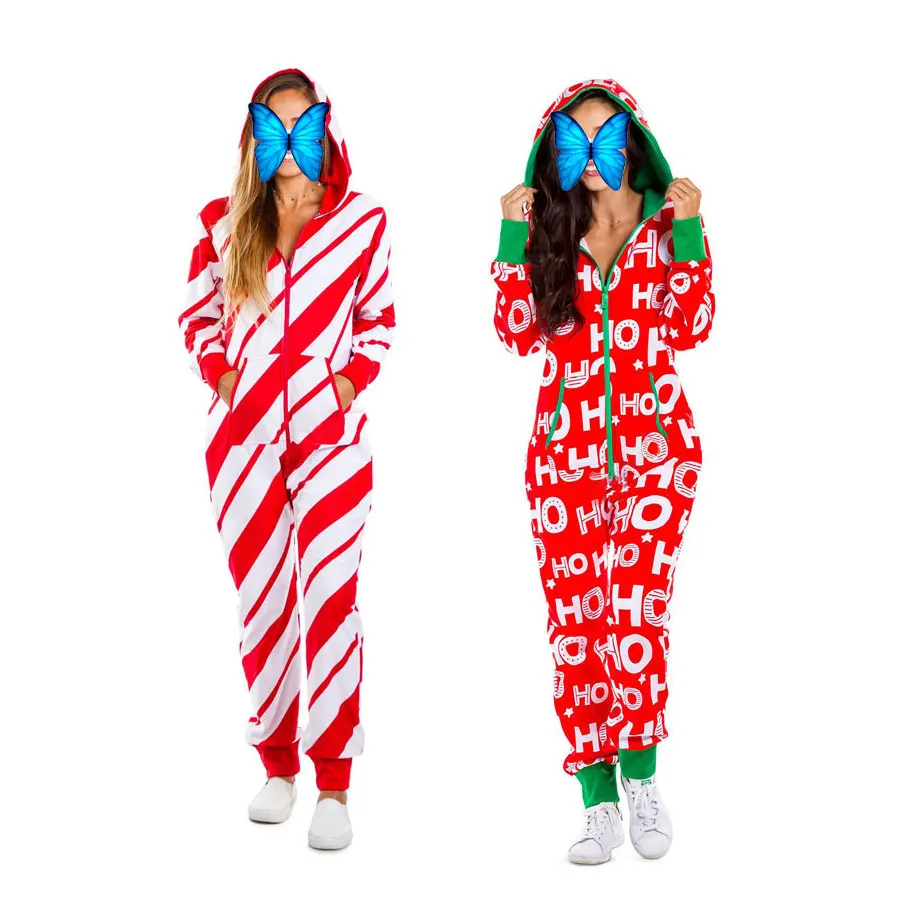 Women Pink Stripe Letter Print Hooded Onesies Christmas Home Pajamas One Piece Adult Romper Nightwear Jumpsuit Sleepwear