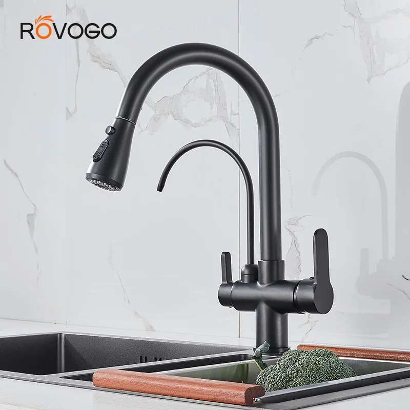 ROVOGO Commercial 3 in 1 Drinking Water Faucet, Water Filter Purifier Kitchen Faucets, Dual Handle Pull Out Kitchen Sink Faucet