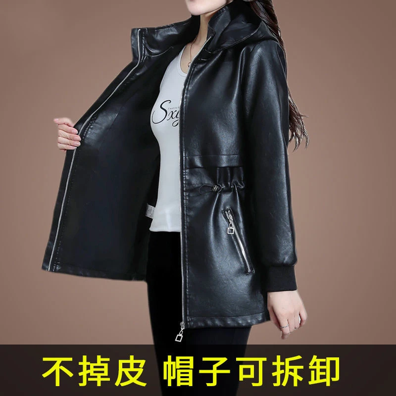 Chic Women Leather Coat Long Sleeve Hooded Woman Zipper Biker Jacket Fashion 2021 Luxury Spring Autumn British Style outerwer