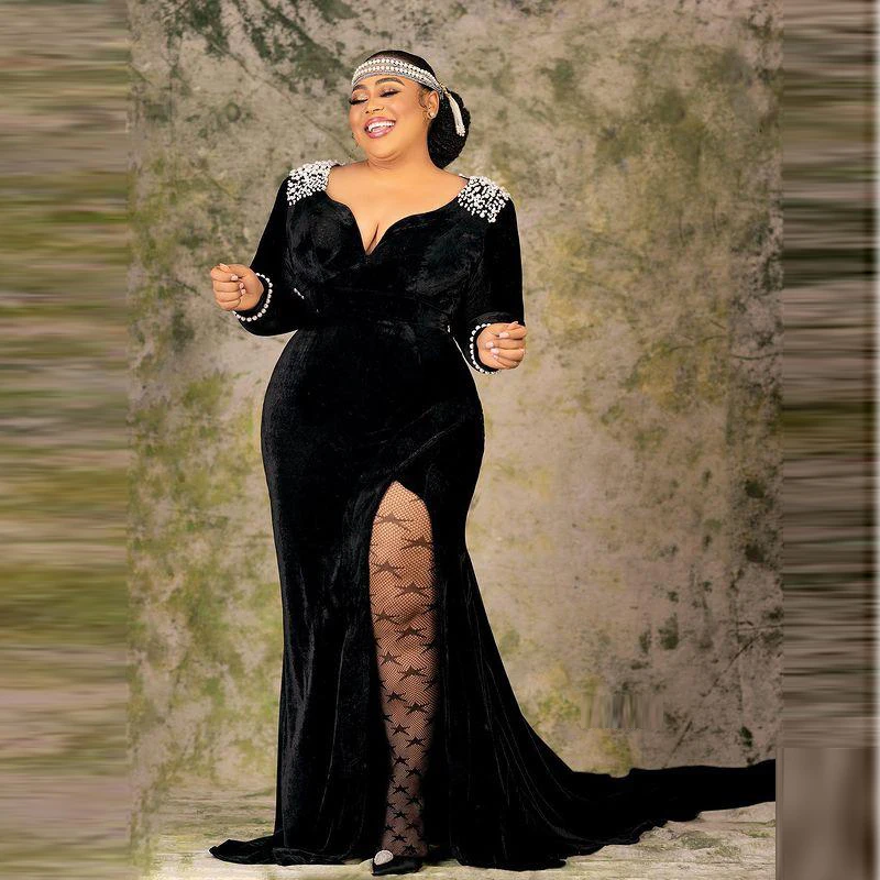 Grote Kralen Parels Fluwelen Avondjurken Plus Size Lange Mouwen Aso Ebi Zwarte Galajurk Sexy Rugloze Vrouwen Verjaardagsjurk