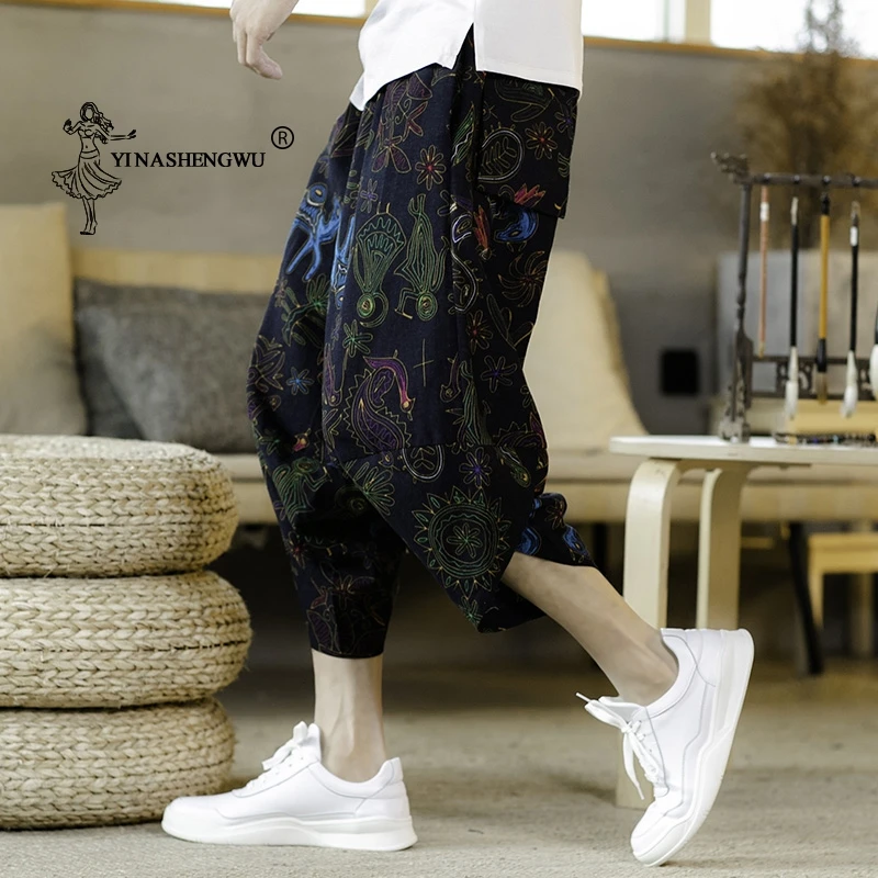 Ukiyo Wave Print Casual Elastic Cartoon Leisure Loose Harem Trousers Unisex Japanese Kimono Haori Pants Asian Men Kimono Yukata