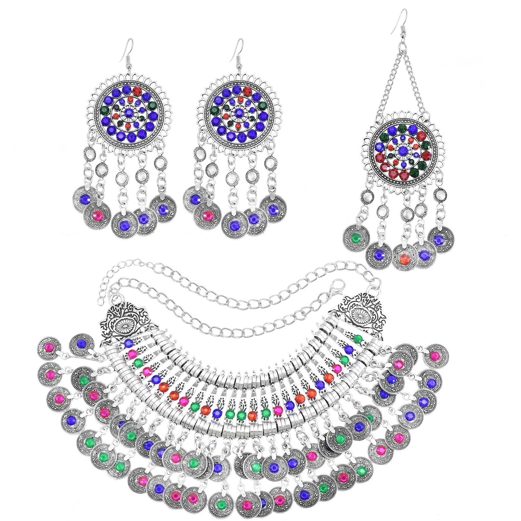 

Vintage Color Rhinestone Coin Necklace Earrings for Women Ethnic Tribal Hair Clip Afghan Turkish Gypsy Statement Jewelry Sets