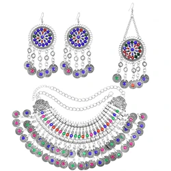 Vintage Color Rhinestone Coin Necklace Earrings for Women Ethnic Tribal Hair Clip Afghan Turkish Gypsy Statement Jewelry Sets