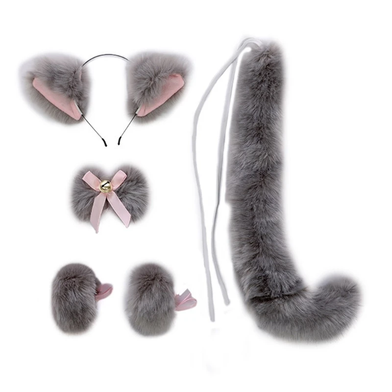   5 Pieces Cat Ear Plush Headhoop Soft Tail Costume Accessory Set for Easters Theme Party Accessories for Kids Adults