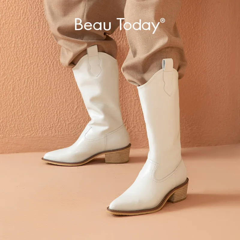 

BeauToday Western Boots Women Genuine Cow Leather Mid-Calf Pointed Toe Block Heel Ladies Slip-On Shoes Handmade 06112