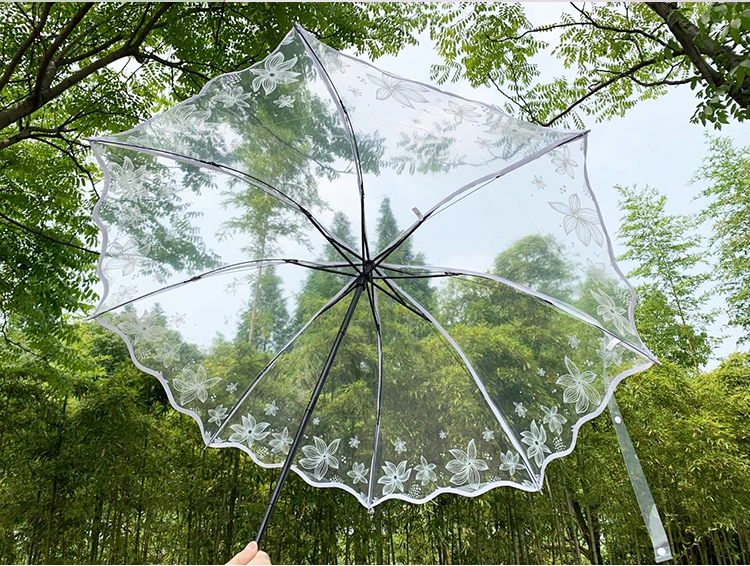 Transparent Thicken Three Fold Women Rain Umbrella Romantic PVC Clear Automatic Umbrellas Flower Printed Umbrella For Girls Kids