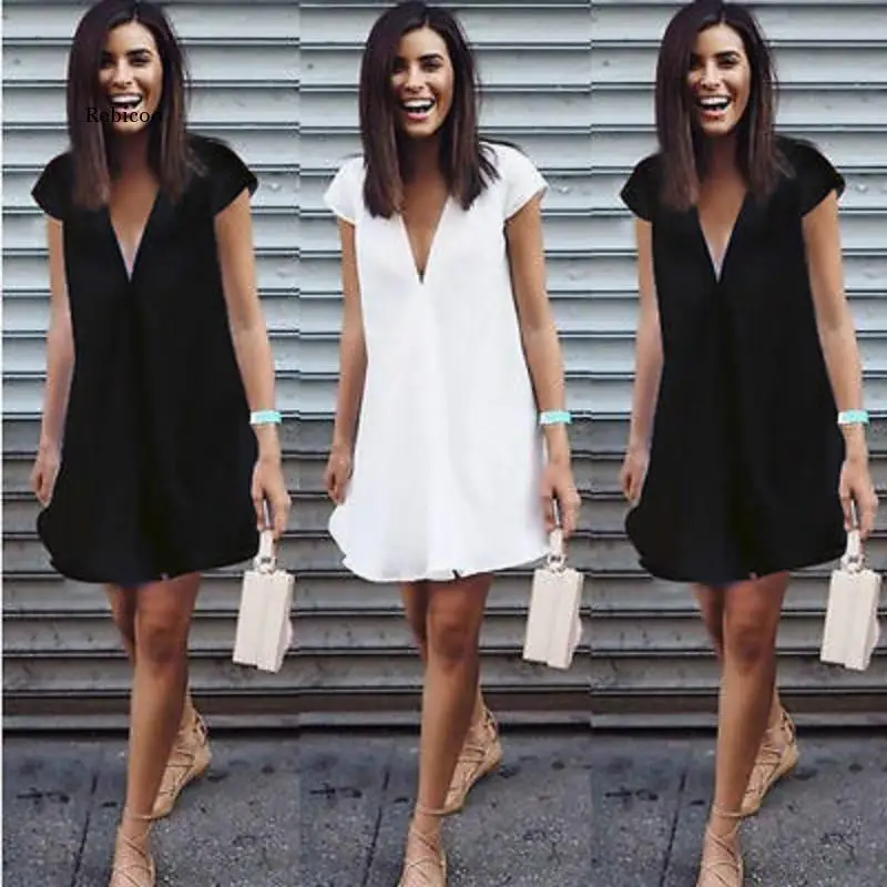 Sexy Women Summer Deep V-Neck  Dresses Casual   Short Mini Black Dress New 2016